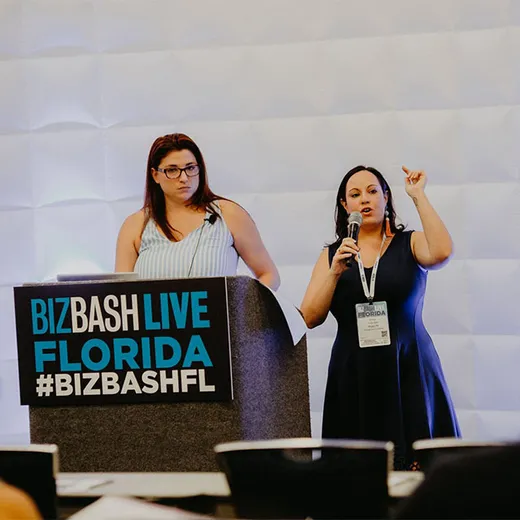 Two speakers on the BizBash Live Florida stage