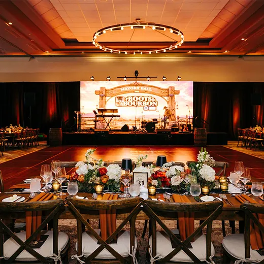 Ballroom set for a gala dinner